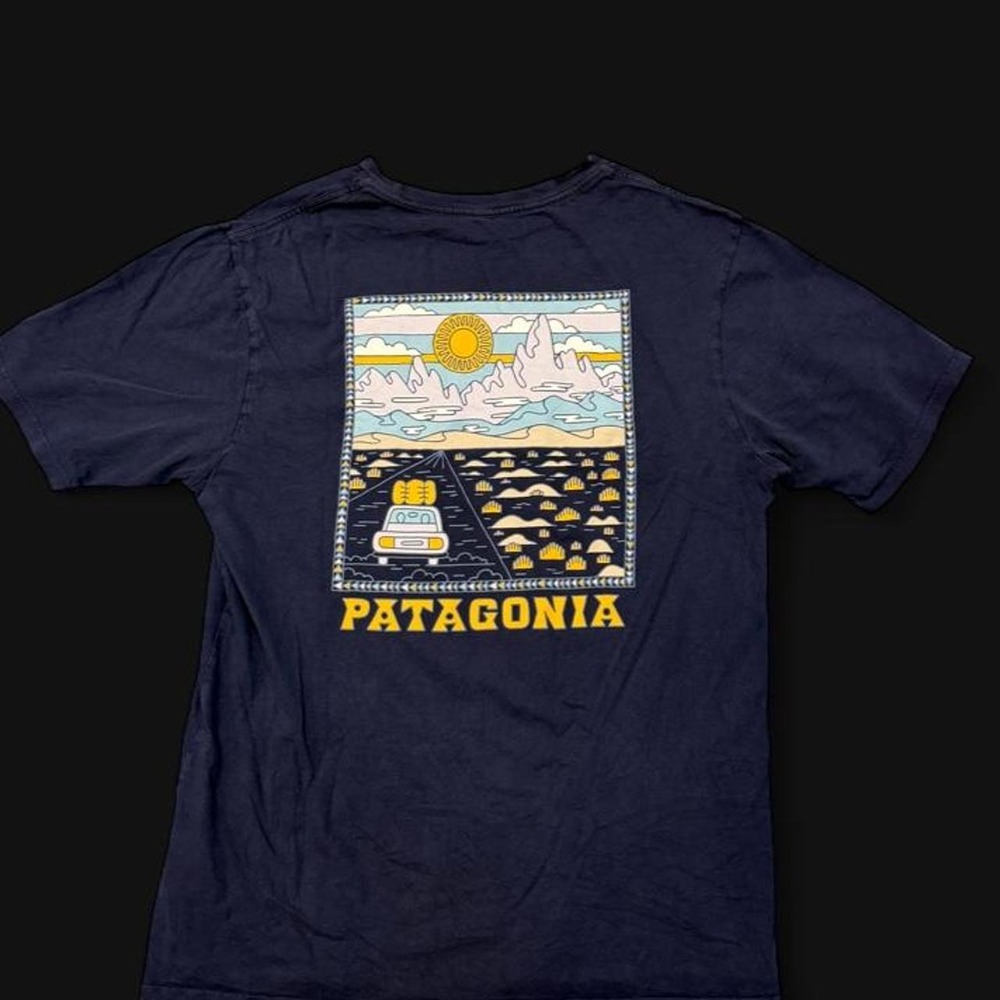 Patagonia Men's Small Navy Blue Organic Cotton Road Trip Mountain Graphic Tee